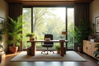 Modern iroda növényekkel, természetes fényben vintage bútorokkal.