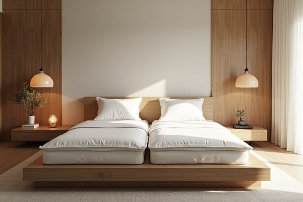 Két külön matrac egy modern franciaágyban, kényelmes alvási környezet.
