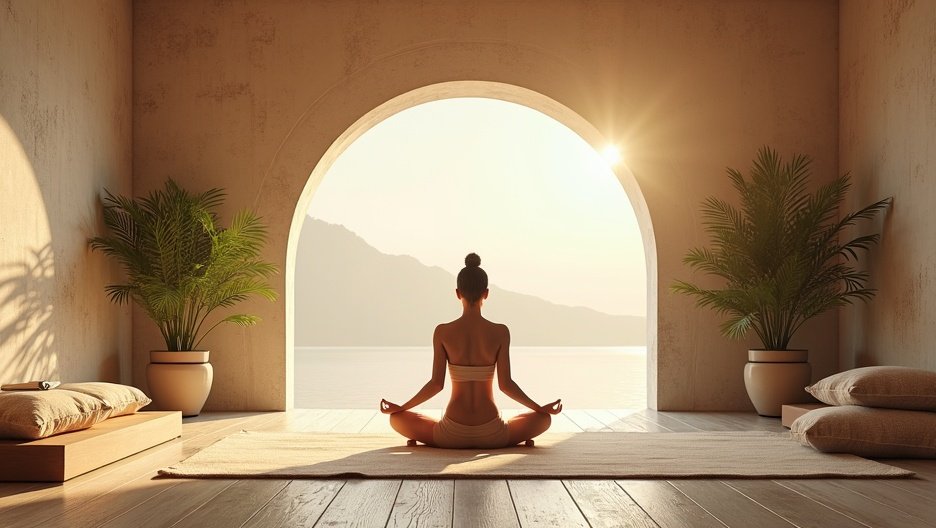 Női jóga gyakorlás a napfelkeltében egy harmonikus térben.