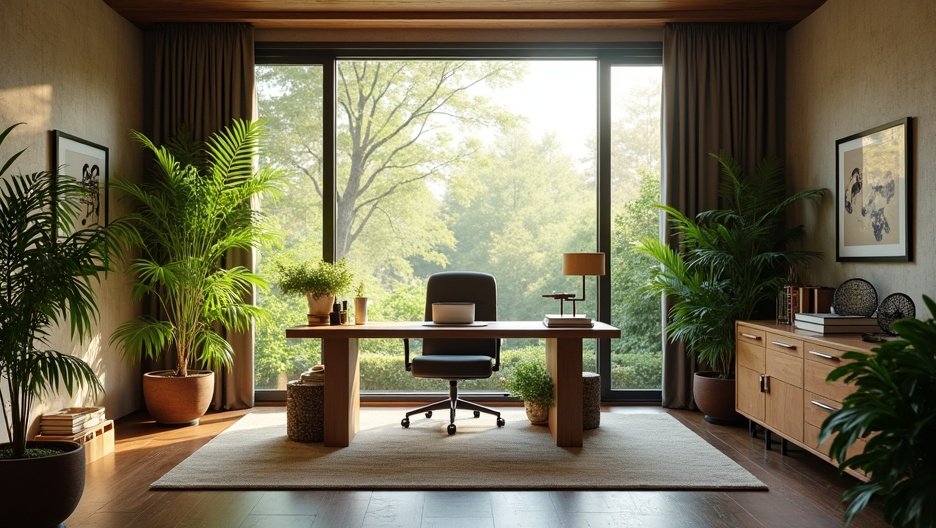 Modern iroda növényekkel, természetes fényben vintage bútorokkal.