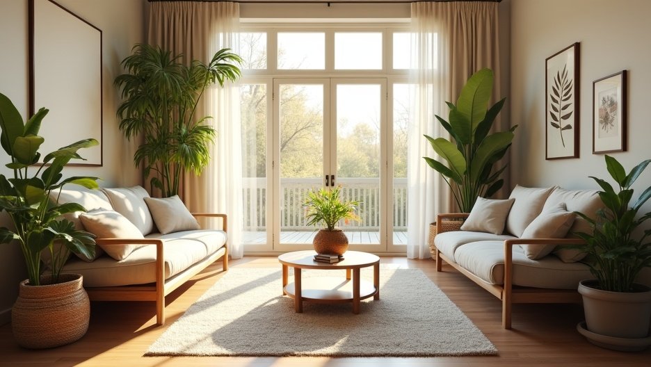Modern nappali zöld növényekkel és világos ablakokkal