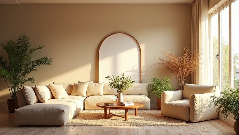 Kényelmes és világos nappali növényekkel, hangulatos bútorokkal.