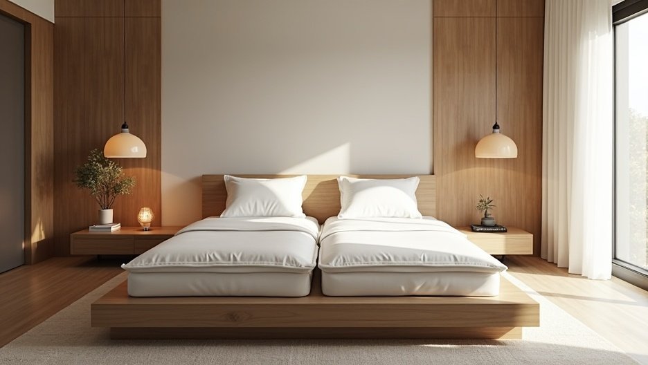 Két külön matrac egy modern franciaágyban, kényelmes alvási környezet.