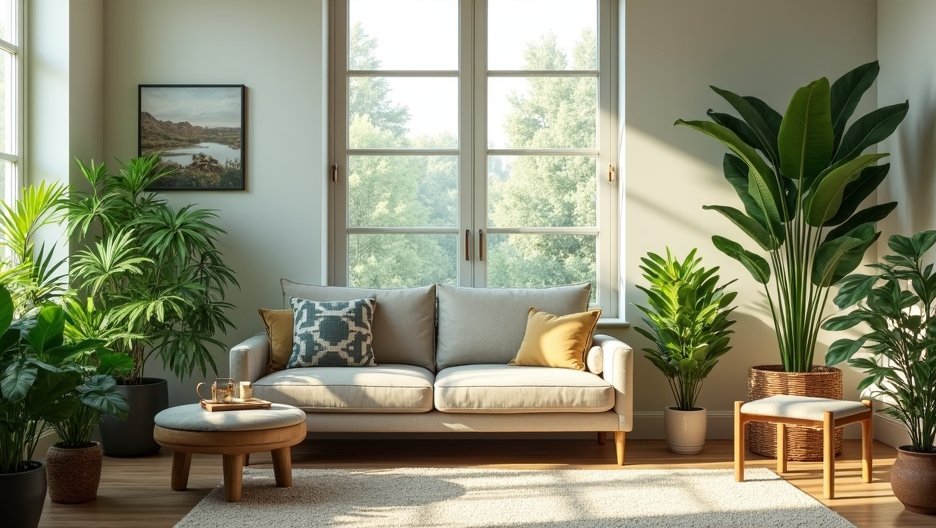 Modern nappali légtisztító növényekkel és kényelmes bútorokkal.