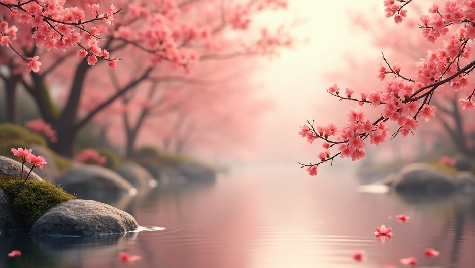 Blooming peach blossom trees by a serene river