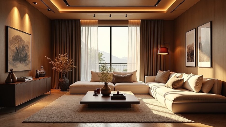 Elegáns nappali modern berendezéssel és panorámás kilátással.