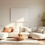 Rendezett nappali pasztell színekkel és organikus formákkal.