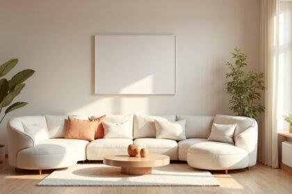 Rendezett nappali pasztell színekkel és organikus formákkal.