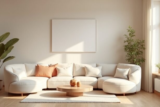 Rendezett nappali pasztell színekkel és organikus formákkal.