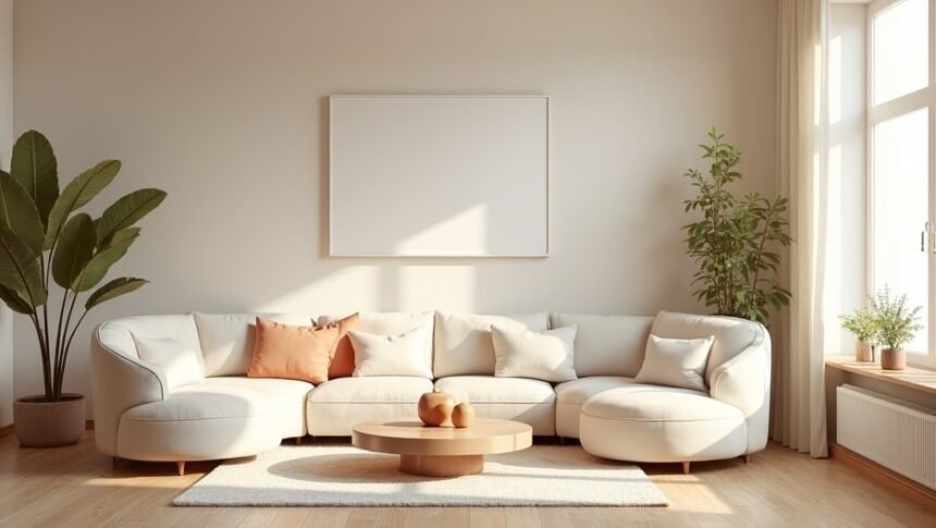 Rendezett nappali pasztell színekkel és organikus formákkal.