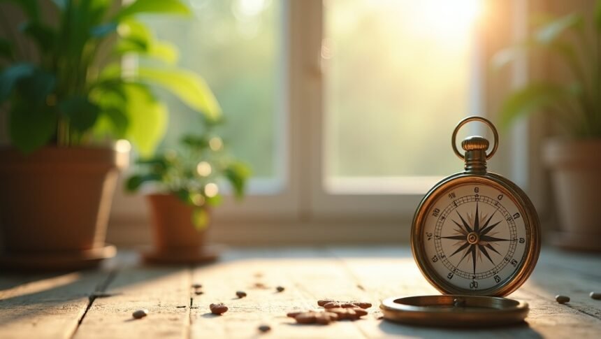 Feng Shui irányt mutató iránytű és növények az ablak mellett