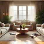 Modern hálószoba világítással és dekorációval.