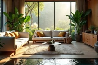 Modern otthoni feng shui berendezés növényekkel és természetes fényben