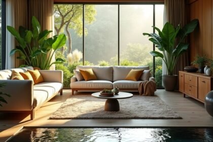 Modern otthoni feng shui berendezés növényekkel és természetes fényben