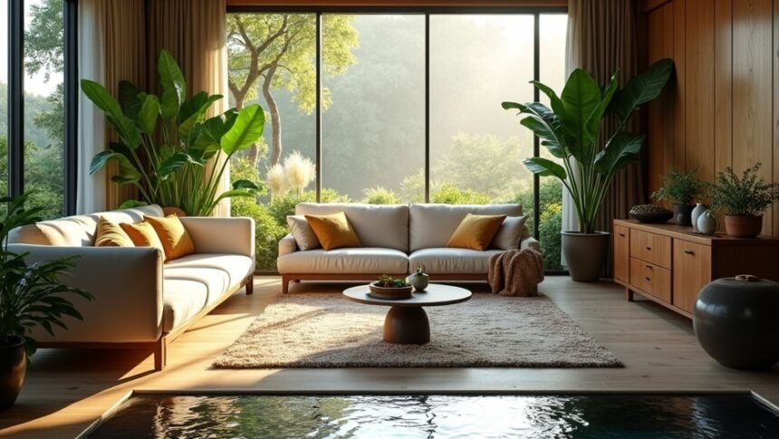 Modern otthoni feng shui berendezés növényekkel és természetes fényben