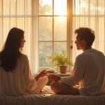 Pár kommunikál egy nyugodt szobában, naplementében.