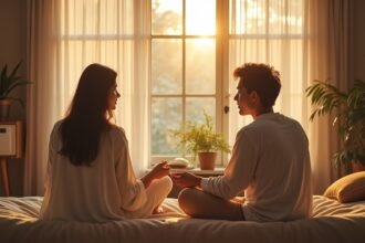 Pár kommunikál egy nyugodt szobában, naplementében.
