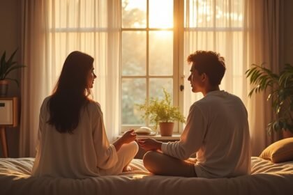 Pár kommunikál egy nyugodt szobában, naplementében.