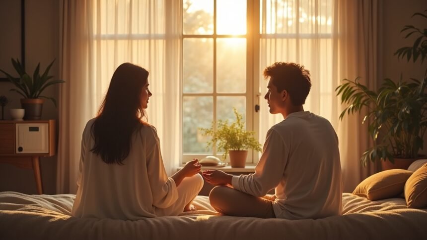 Pár kommunikál egy nyugodt szobában, naplementében.