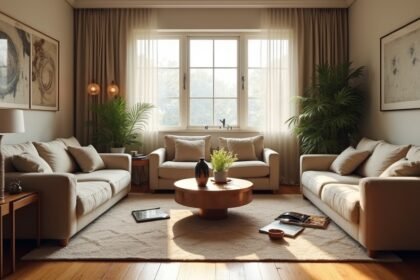 Modern hálószoba világítással és dekorációval.