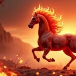 Tűz Ló, a 2026-os feng shui év szimbóluma, lángoló háttérben.