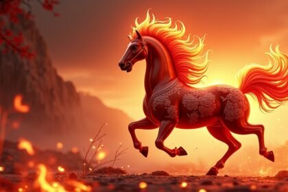 Tűz Ló, a 2026-os feng shui év szimbóluma, lángoló háttérben.