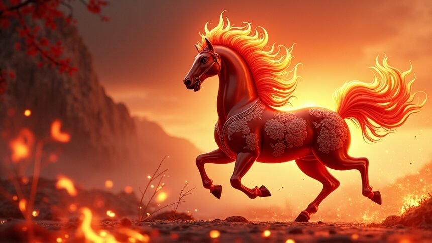 Tűz Ló, a 2026-os feng shui év szimbóluma, lángoló háttérben.