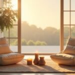 Két kényelmes szék és gyertyák a naplementében, otthoni hangulatban.