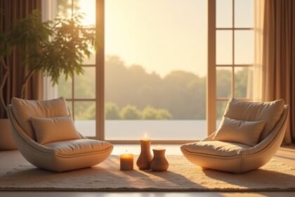 Két kényelmes szék és gyertyák a naplementében, otthoni hangulatban.