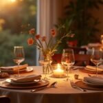 Romantikus vacsora feng shui terítékkel és hangulatos világítással.