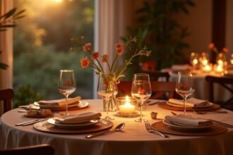 Romantikus vacsora feng shui terítékkel és hangulatos világítással.