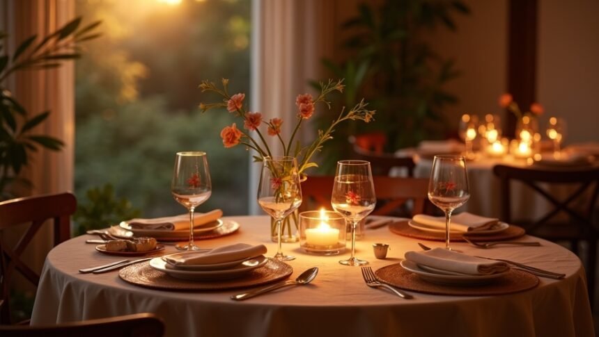 Romantikus vacsora feng shui terítékkel és hangulatos világítással.
