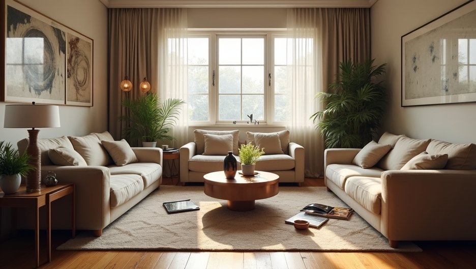 Modern hálószoba világítással és dekorációval.