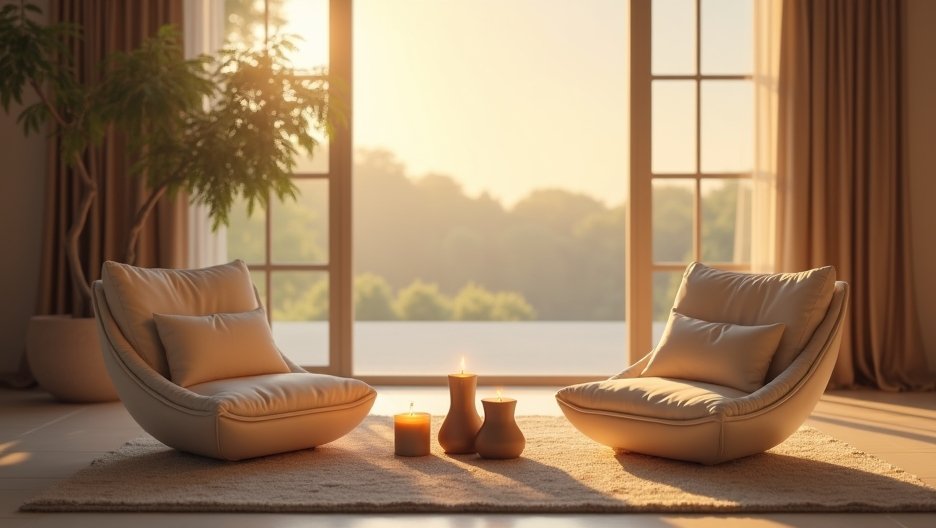 Két kényelmes szék és gyertyák a naplementében, otthoni hangulatban.