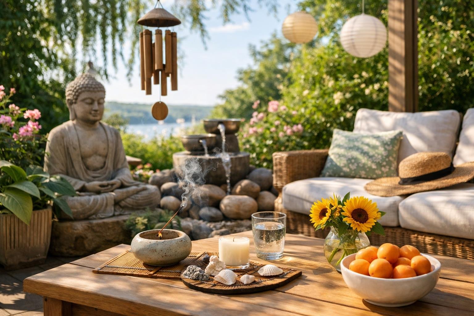 Nyári feng shui dekoráció kültéren Buddha szoborral és virágokkal