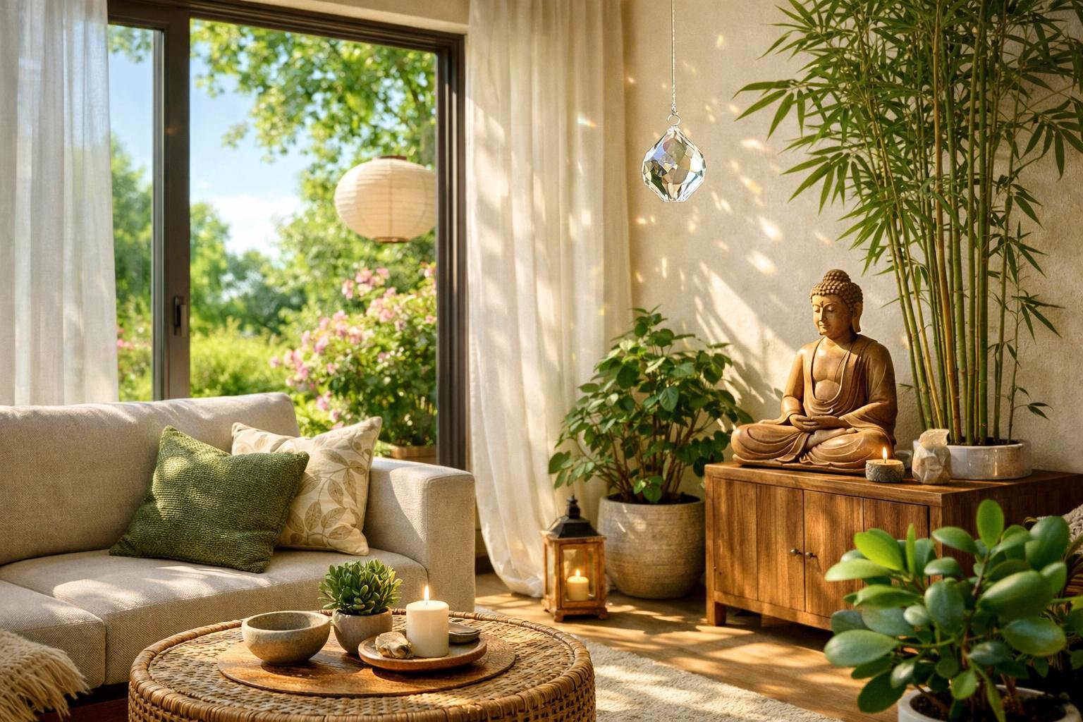 Feng shui inspirált nappali természetes fénnyel és növényekkel