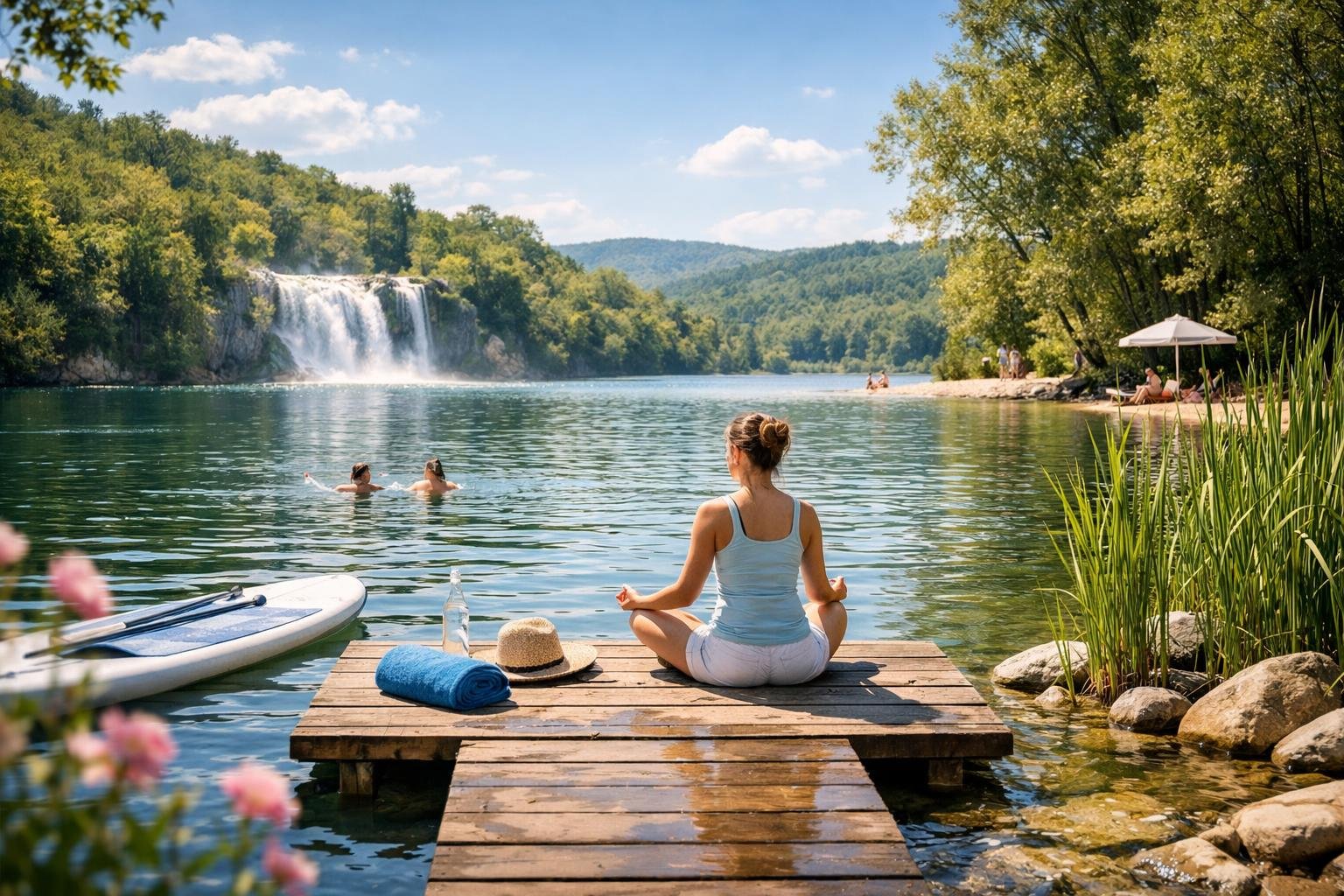 Nő meditál a víz mellett nyáron, ideális a Feng Shui egyensúlyhoz.