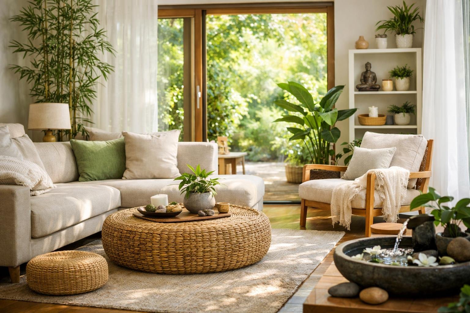 Feng shui nappali berendezés nyáron friss zöld növényekkel.