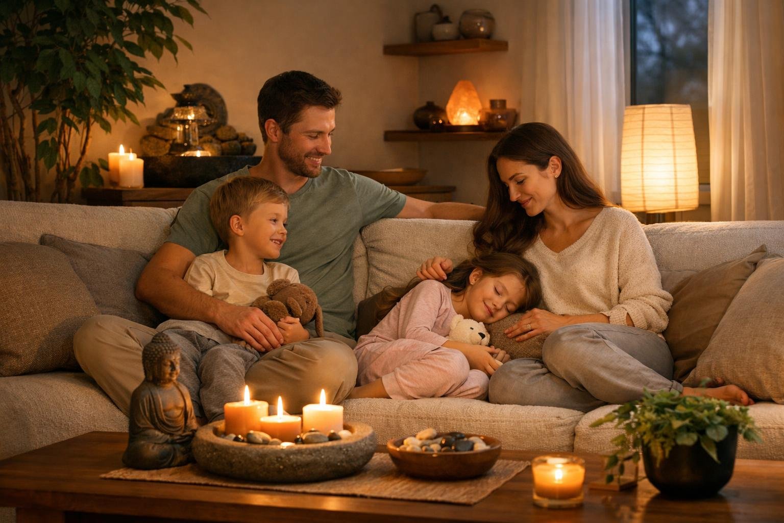 Családi együttlét nyugodt feng shui környezetben