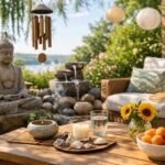 Nyári feng shui dekoráció kültéren Buddha szoborral és virágokkal