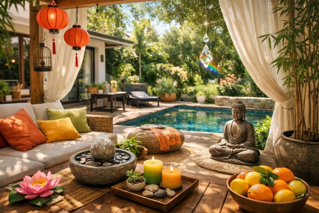 Nyári feng shui terasz dekoráció vibrant színekkel és vízköpővel