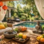 Nyári feng shui terasz dekoráció vibrant színekkel és vízköpővel