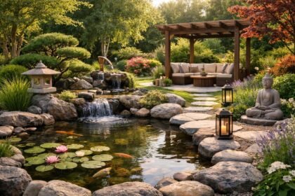 Buddha szobor és szép kert tavacskával, növényekkel és pihenőhellyel