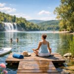 Nő meditál a víz mellett nyáron, ideális a Feng Shui egyensúlyhoz.