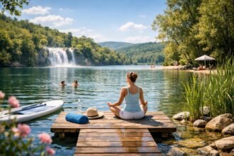 Nő meditál a víz mellett nyáron, ideális a Feng Shui egyensúlyhoz.