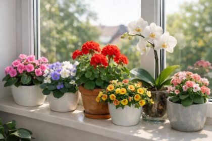 Színes virágok az ablakpárkányon, harmonikus otthoni környezethez.