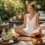 Meditáló nő egy harmonikus kertben, feng shui elemekkel.