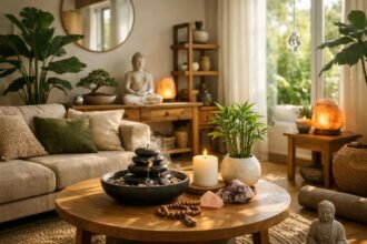Harmonikus otthoni környezet feng shui elemekkel és dekorációval.