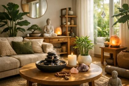 Harmonikus otthoni környezet feng shui elemekkel és dekorációval.
