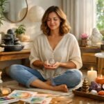 Feng shui segít a kreativitás növelésében, otthoni környezetben meditáló nő.